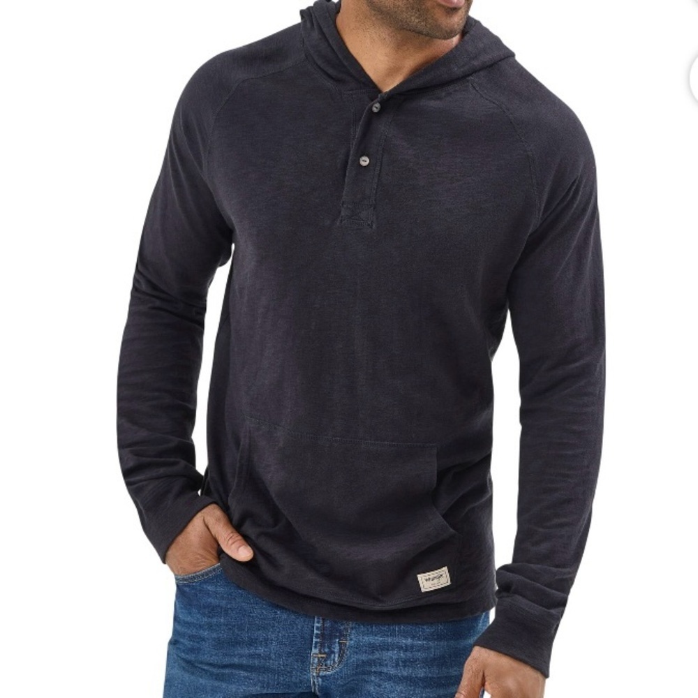 WRANGLER Men's size XL Black Hooded long sleeve kangaroo pocket Henley shirt